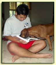 picture of Morgan and puppy reading together, sort of.